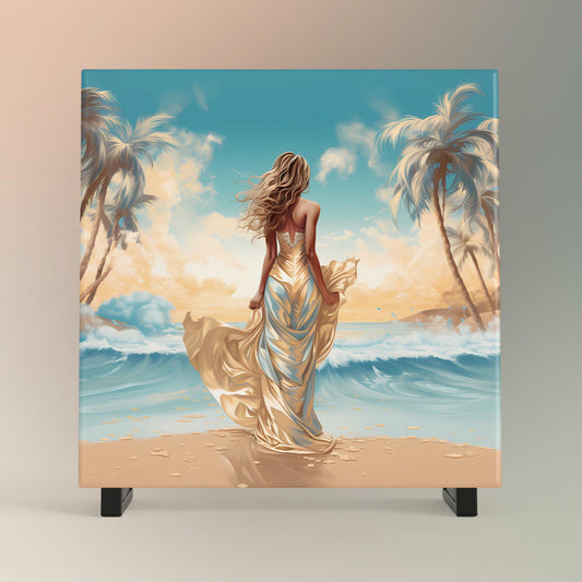 Sunny Beach Ceramic Art Tile, Seascape Ocean Views with Woman on the Beach, Ideal Decor for Coastal Aesthetic Gift