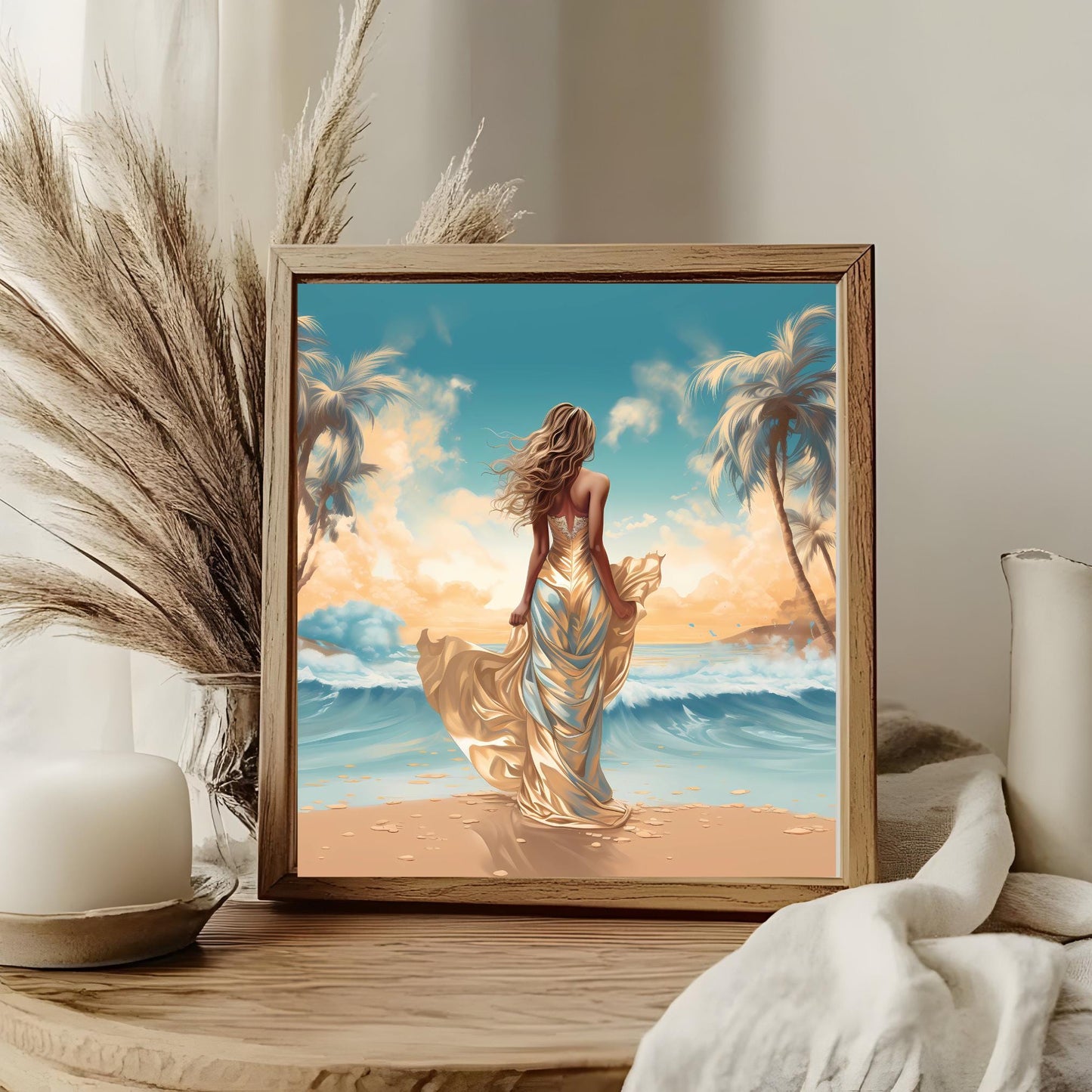 Sunny Beach Ceramic Art Tile, Seascape Ocean Views with Woman on the Beach, Ideal Decor for Coastal Aesthetic Gift