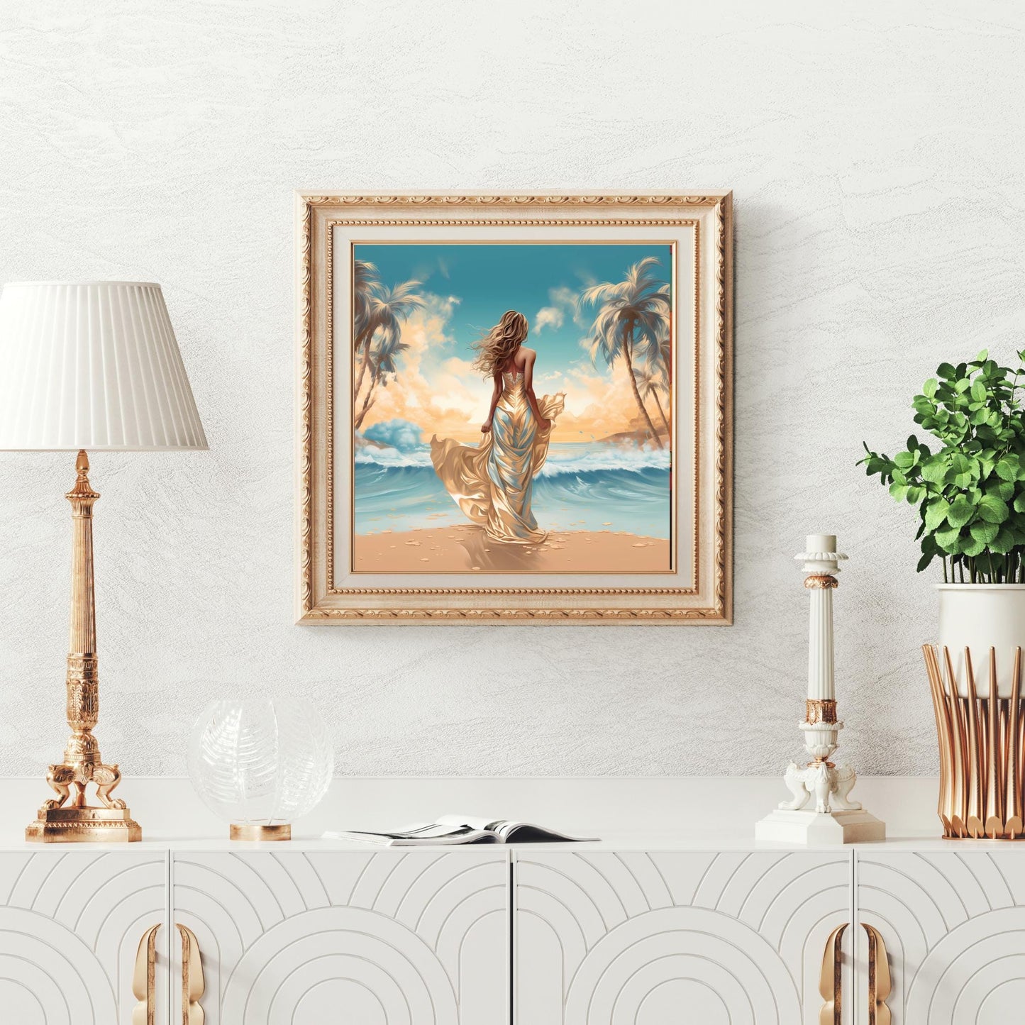 Sunny Beach Ceramic Art Tile, Seascape Ocean Views with Woman on the Beach, Ideal Decor for Coastal Aesthetic Gift