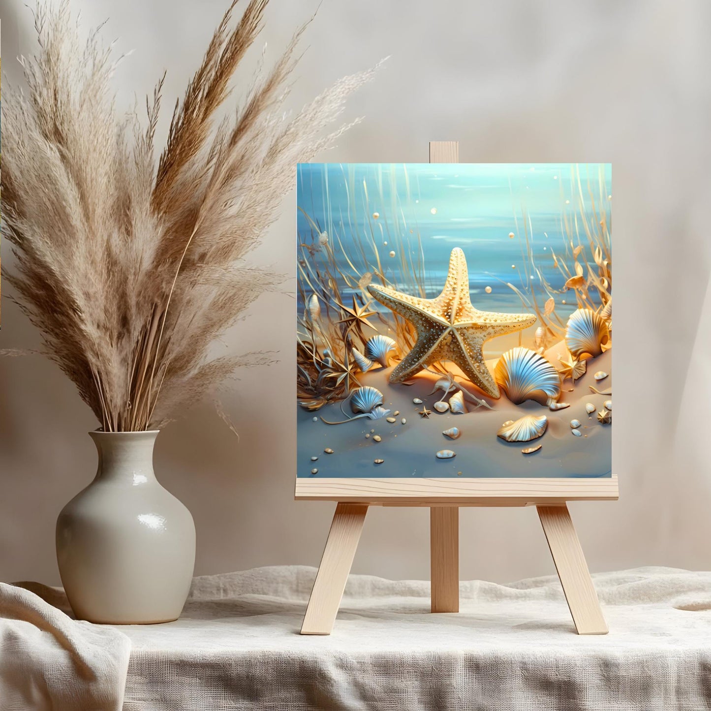 Beautiful Coastal Ceramic Art Tile - Starfish and Seashells Ocean Wall Decor - Gift for Beach and Ocean Lovers