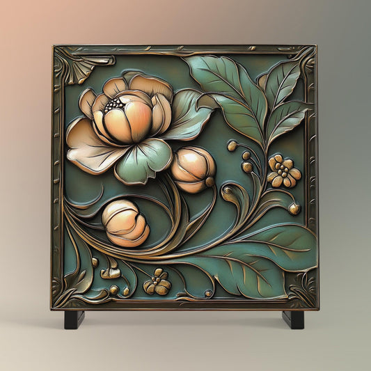 Floral Art Deco Ceramic Tile, Vintage Bronze Rose Flowers Art, Elegant Wall Decor for Art Nouveau Style, Retro Home Accents