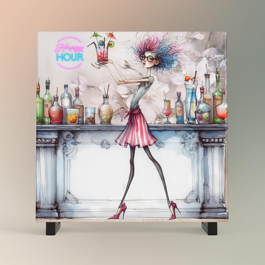 Quirky Women Bartender Art Tile, Colorful Bar Cart Sign for Entertaining, Ideal Party Decor, Great Housewarming Gift for Game Room