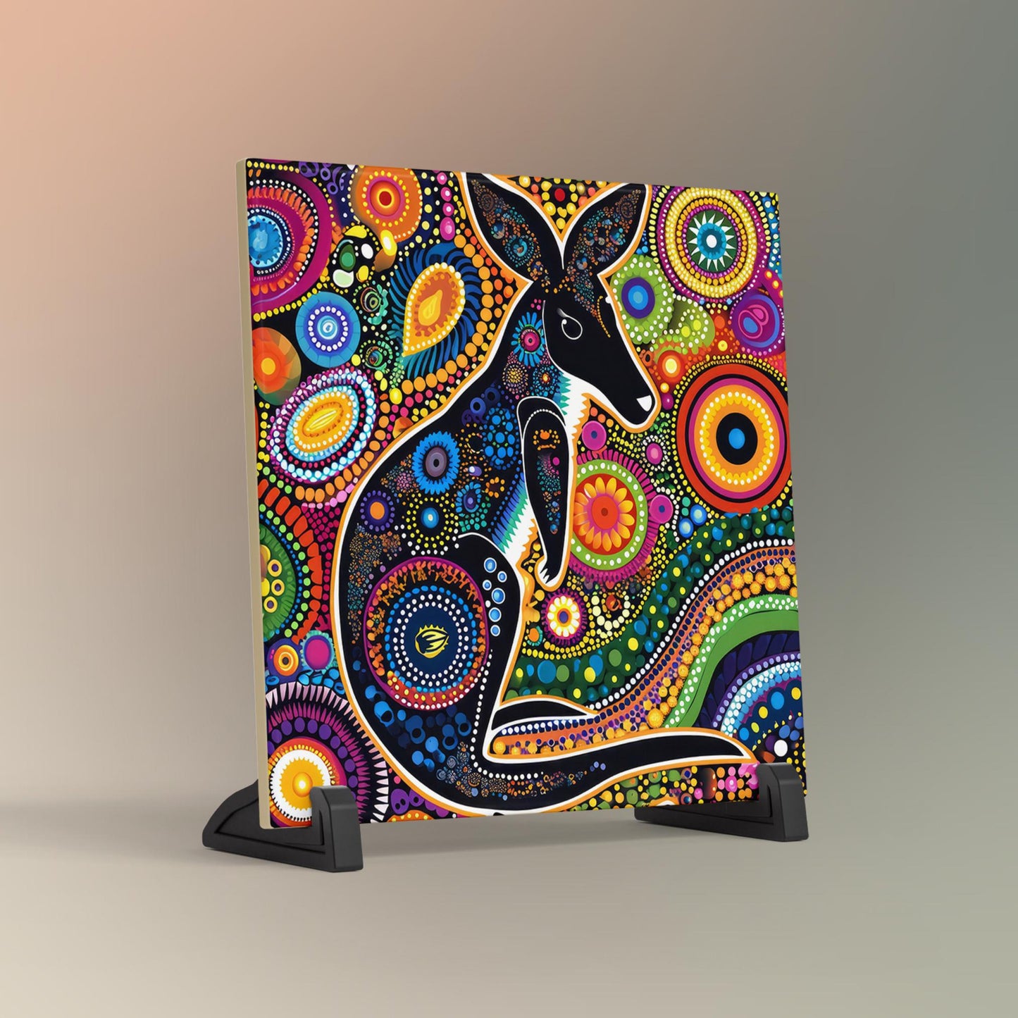 Aboriginal Inspired Kangaroo Ceramic Tile Art - Australian Outback Wall Artwork - Indigenous Dot Painting - Art and Culture Decor