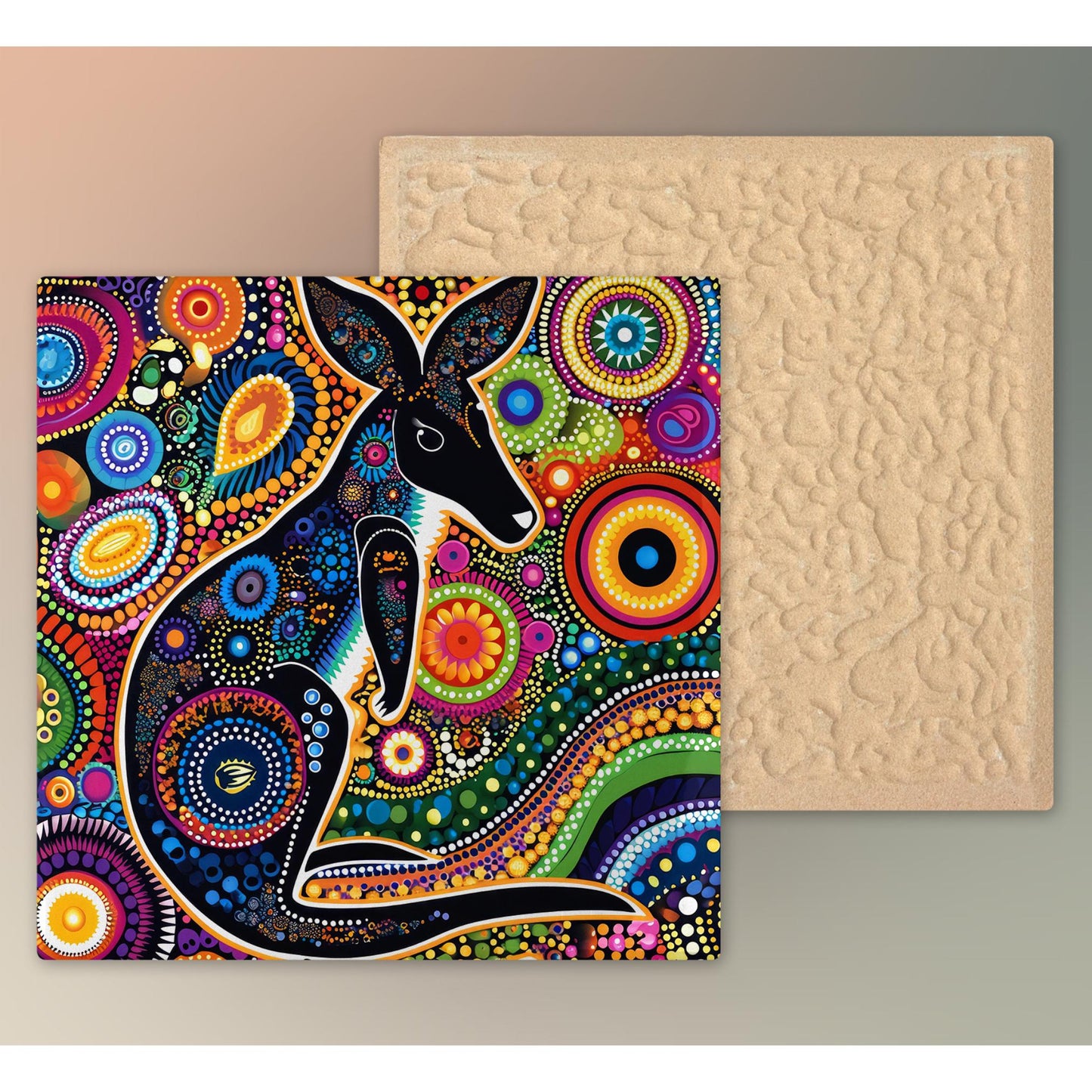 Aboriginal Inspired Kangaroo Ceramic Tile Art - Australian Outback Wall Artwork - Indigenous Dot Painting - Art and Culture Decor