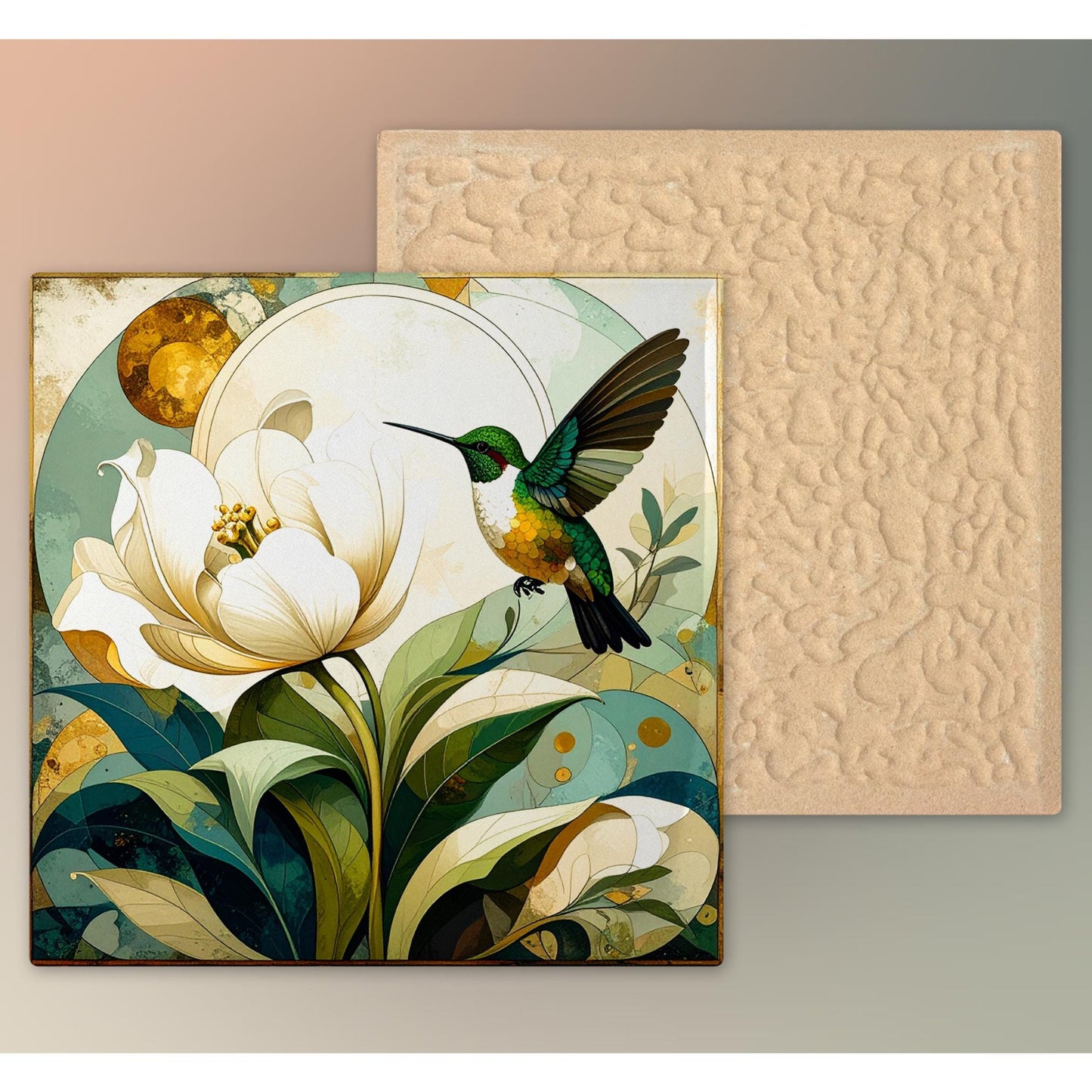 Hummingbird Art Ceramic Tile, Vibrant Floral Artwork, Decorative Wall Art for Bird and Flower Enthusiasts, Nature Lovers Kitchen Art