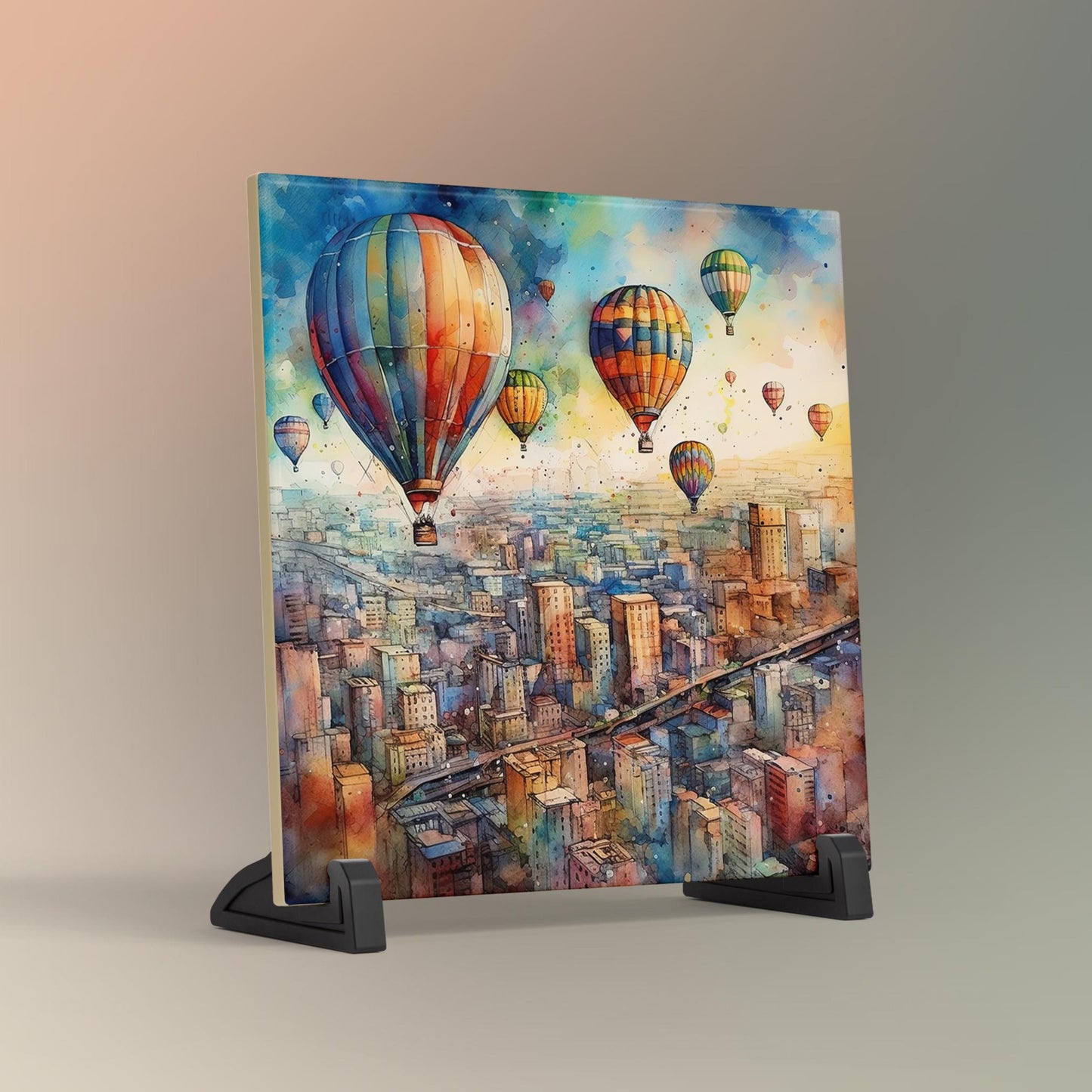 Watercolor Hot Air Balloon Ceramic Art Tile - Beautiful Cityscape Balloon Festival - Trendy Kitchen Art - Boho Home Decor