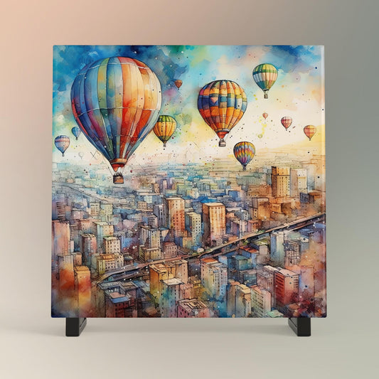 Watercolor Hot Air Balloon Ceramic Art Tile - Beautiful Cityscape Balloon Festival - Trendy Kitchen Art - Boho Home Decor