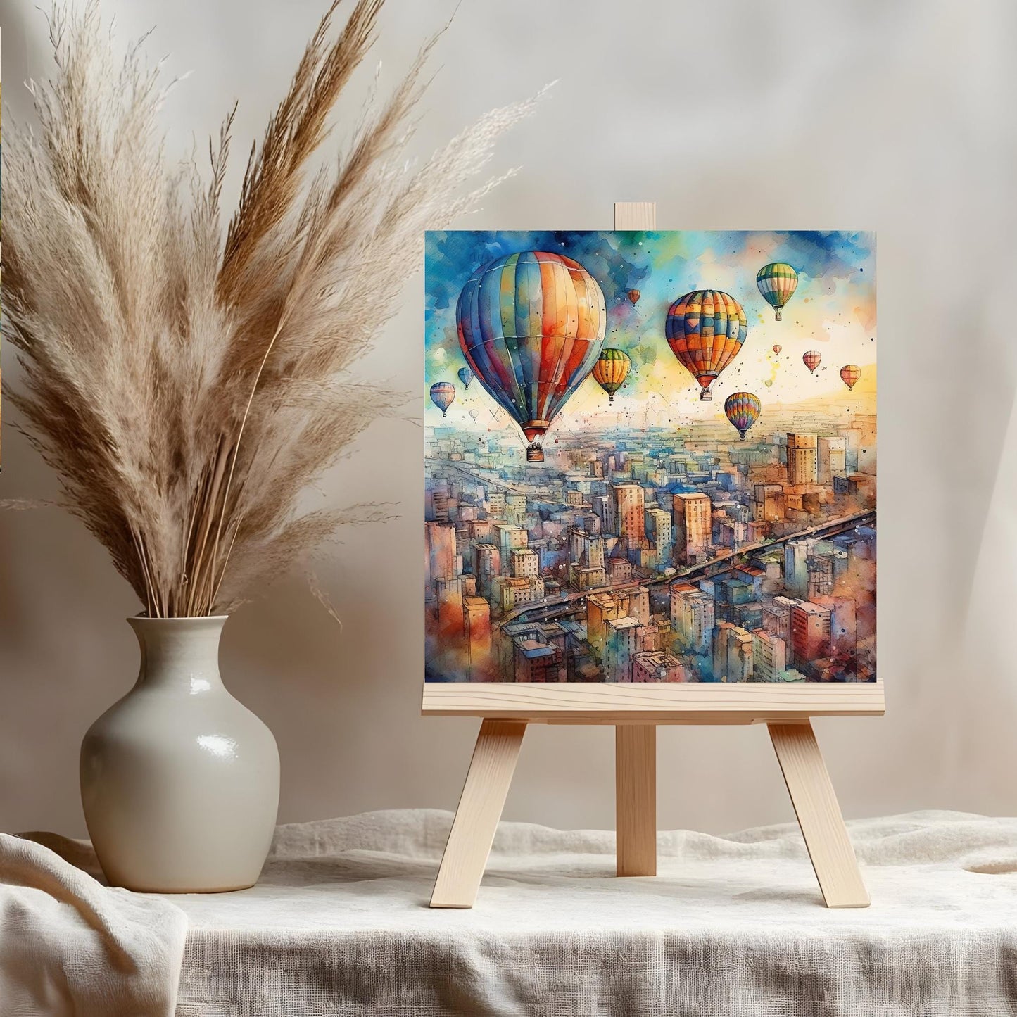 Watercolor Hot Air Balloon Ceramic Art Tile - Beautiful Cityscape Balloon Festival - Trendy Kitchen Art - Boho Home Decor