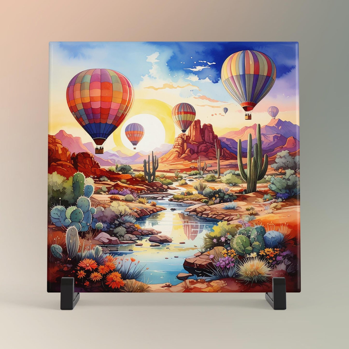 Hot Air Balloon Desert Oasis Ceramic Tile, Southwest Art,  Handmade Ceramic Wall Decor for Unique Home Accent, Perfect Nature Inspired Gift