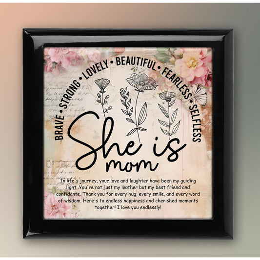 She Is Mom Keepsake Box, Custom Ceramic Art Tile Memory Box, Ideal Gift for Mom on Mother's Day,  Ceramic Tile Option