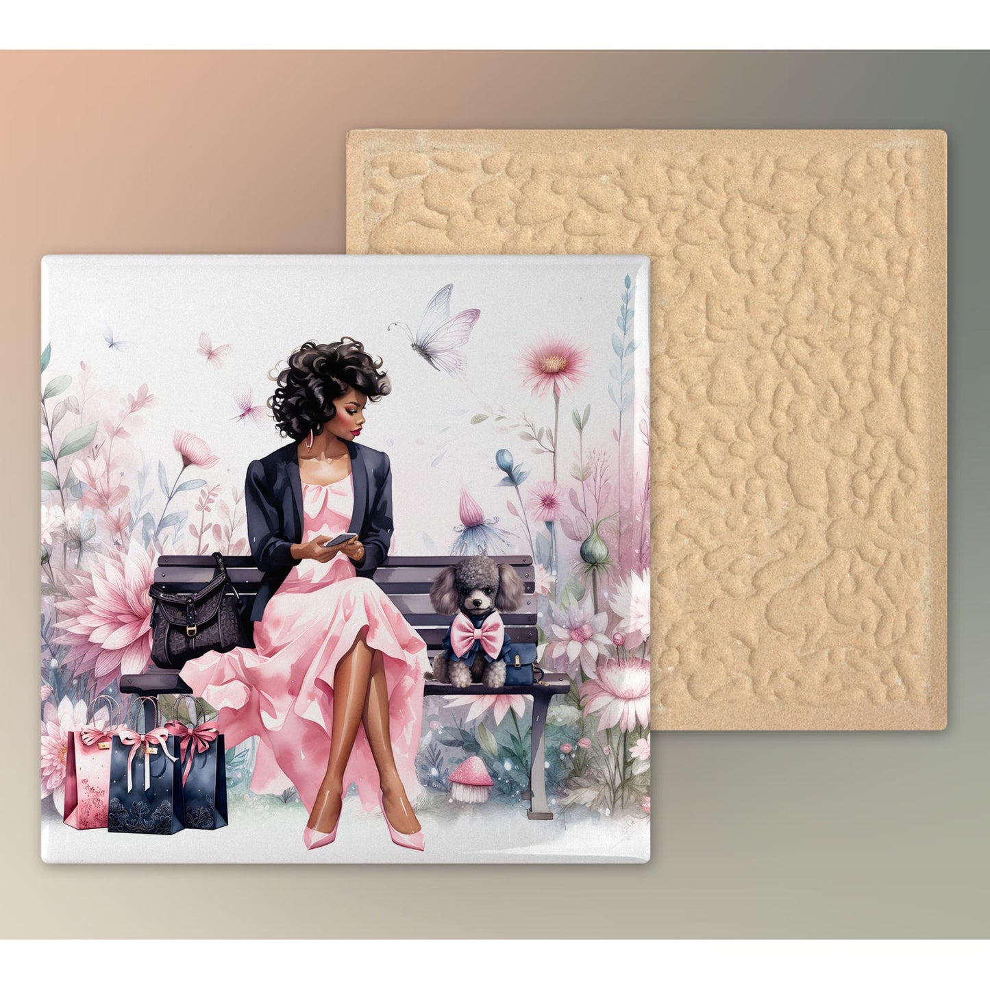 Black Woman with a Puppy Ceramic Tile,  Trendy Wall Art Black Girl Art, Black Woman Wall Art, Black Girl Poster Art, African American Art