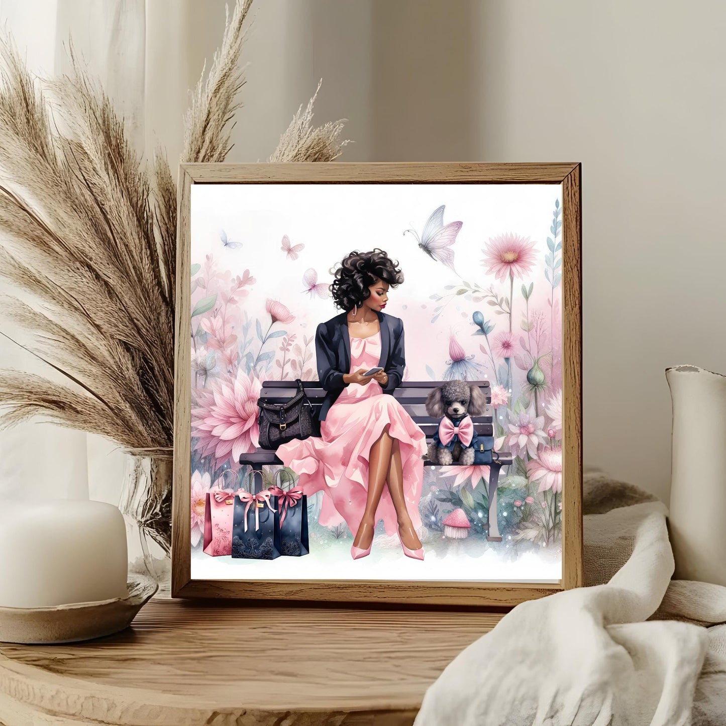 Black Woman with a Puppy Ceramic Tile,  Trendy Wall Art Black Girl Art, Black Woman Wall Art, Black Girl Poster Art, African American Art