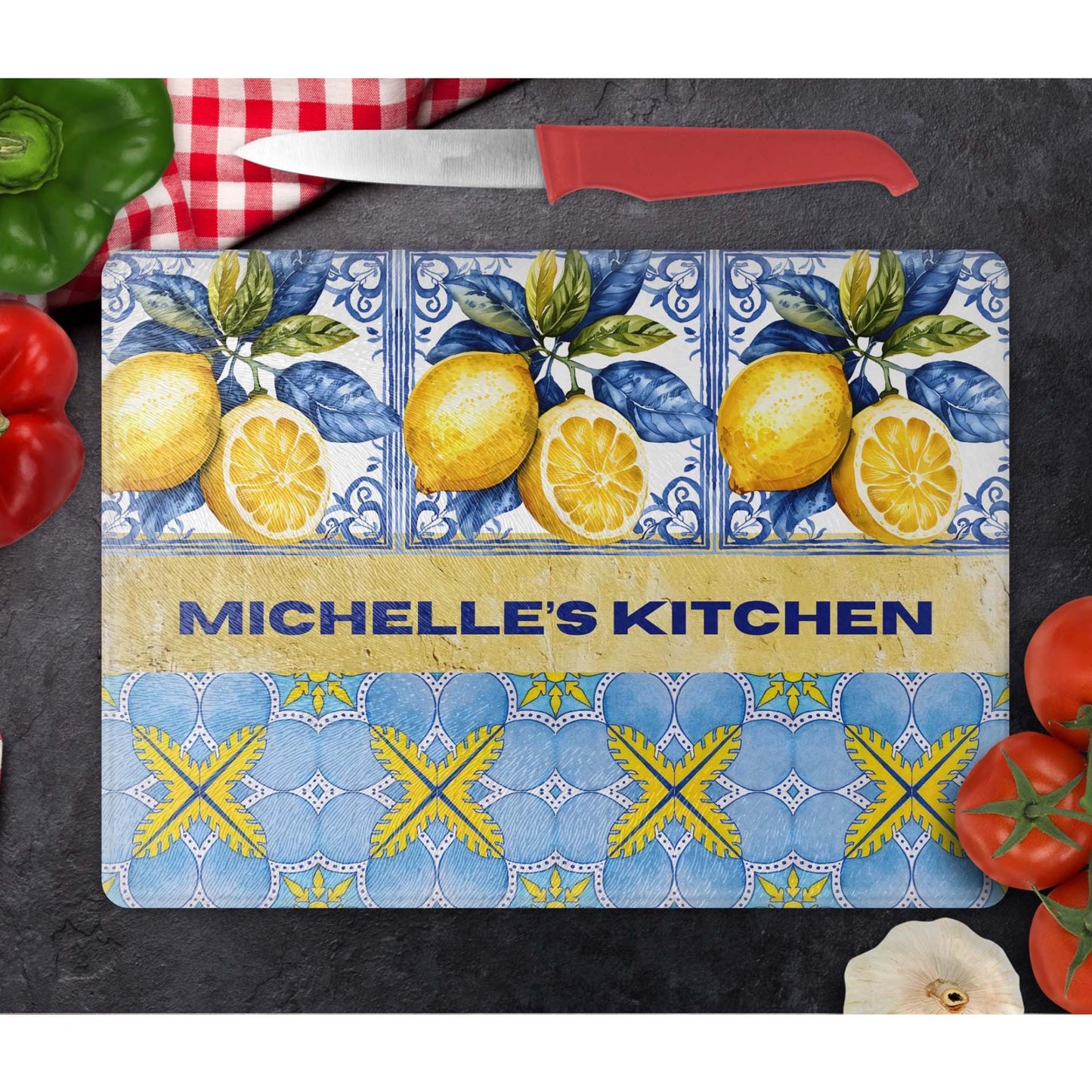 Personalized Glass Cutting Board - Mediterranean Style Tempered Glass Chopping Board for Cheese & Charcuterie, Functional Kitchen Lemon Art