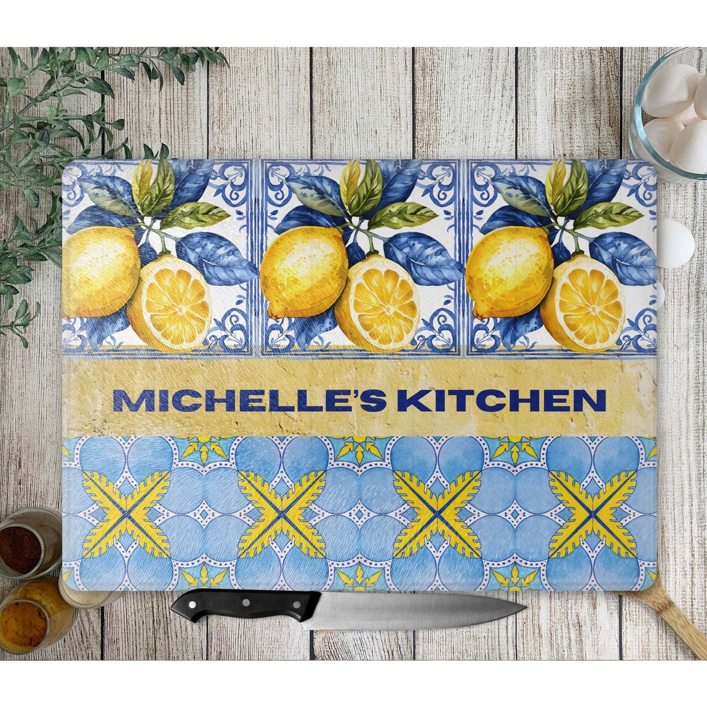 Personalized Glass Cutting Board - Mediterranean Style Tempered Glass Chopping Board for Cheese & Charcuterie, Functional Kitchen Lemon Art