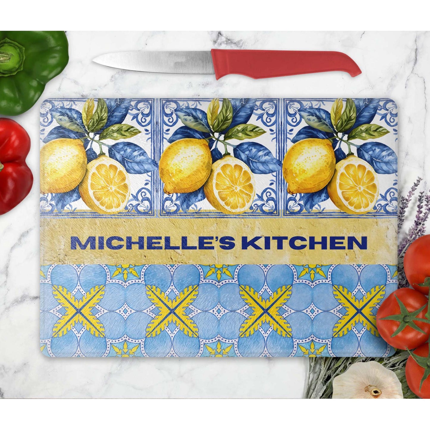 Personalized Glass Cutting Board - Mediterranean Style Tempered Glass Chopping Board for Cheese & Charcuterie, Functional Kitchen Lemon Art