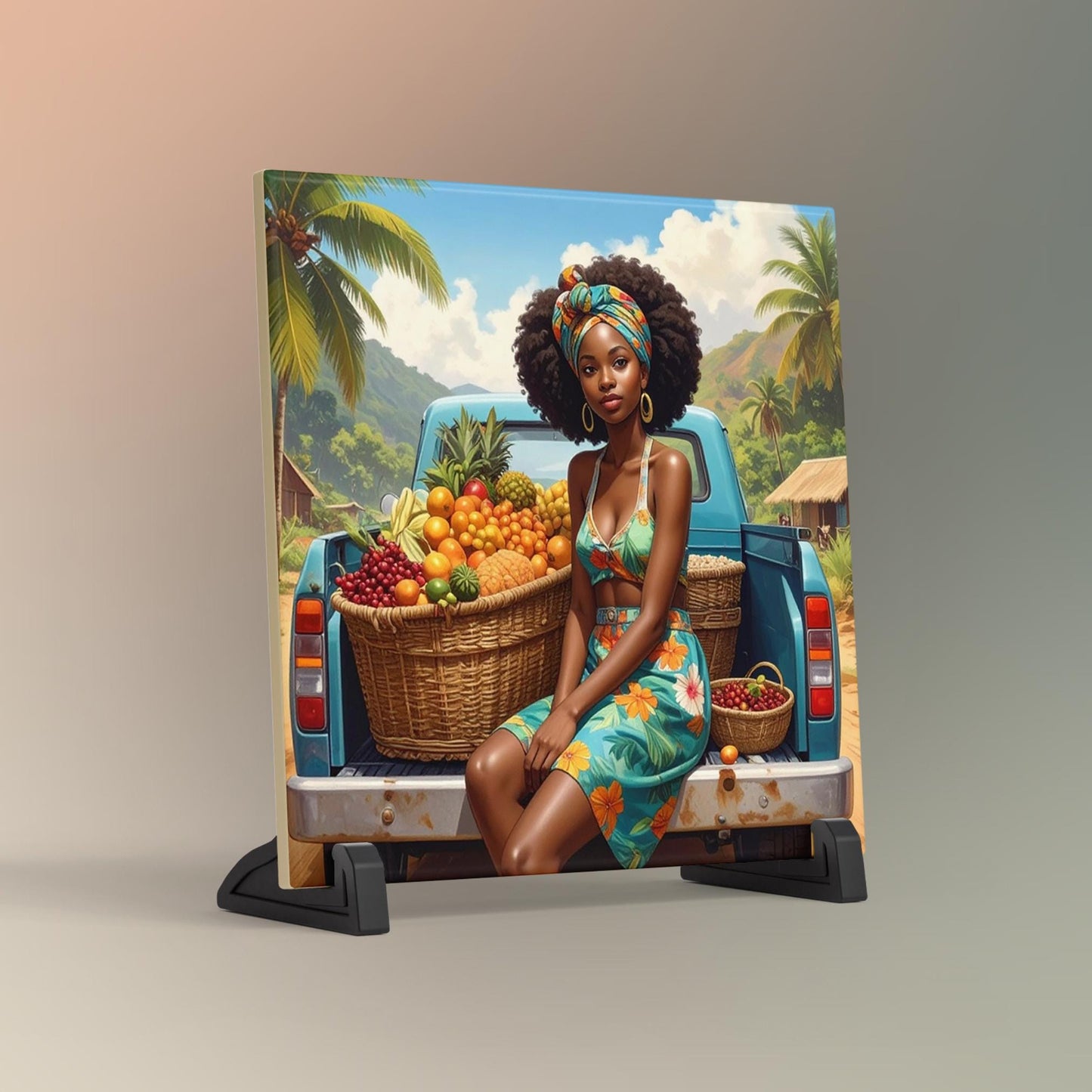 Black Woman with Fruit Ceramic Tile,  Trendy Wall Art Black Girl Art, Black Woman Wall Art, Black Girl Poster Art, African American Art