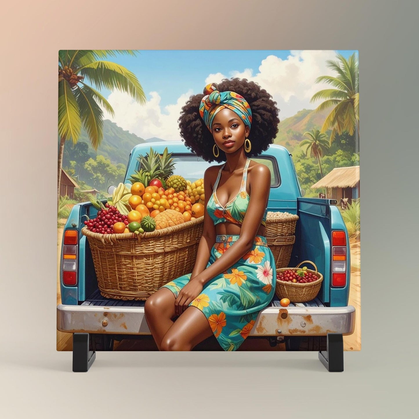 Black Woman with Fruit Ceramic Tile,  Trendy Wall Art Black Girl Art, Black Woman Wall Art, Black Girl Poster Art, African American Art