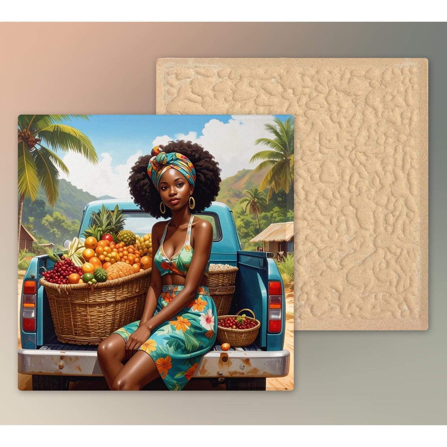 Black Woman with Fruit Ceramic Tile,  Trendy Wall Art Black Girl Art, Black Woman Wall Art, Black Girl Poster Art, African American Art