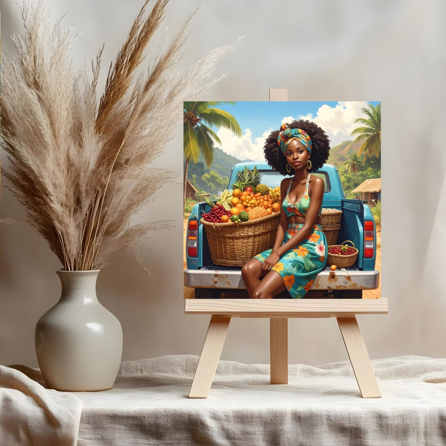 Black Woman with Fruit Ceramic Tile,  Trendy Wall Art Black Girl Art, Black Woman Wall Art, Black Girl Poster Art, African American Art