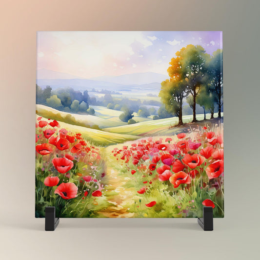 Field of Red Poppies Ceramic Art Tile | Wildflowers Wall Decor | Spring Home Decor | Floral Art | Whimsical Flowers | Gift for Mom
