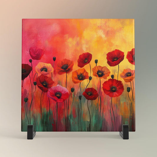 Colorful Poppies in the Field Ceramic Art Tile | Wildflowers Wall Decor | Spring Home Decor | Floral Art | Whimsical Flowers | Gift for Mom