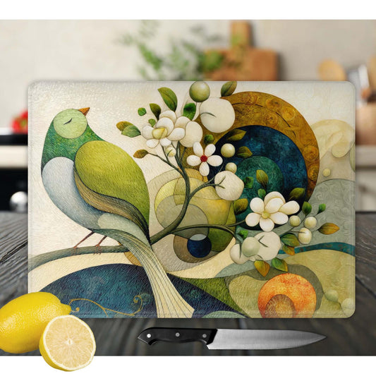 Whimsical Bird and Flowers Tempered Glass Cutting Board, Artistic Kitchen Essential for Meal Prep & Display, Ideal Gift for Home Chefs