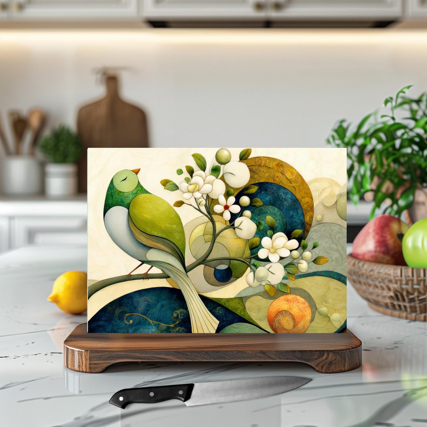 Whimsical Bird and Flowers Tempered Glass Cutting Board, Artistic Kitchen Essential for Meal Prep & Display, Ideal Gift for Home Chefs