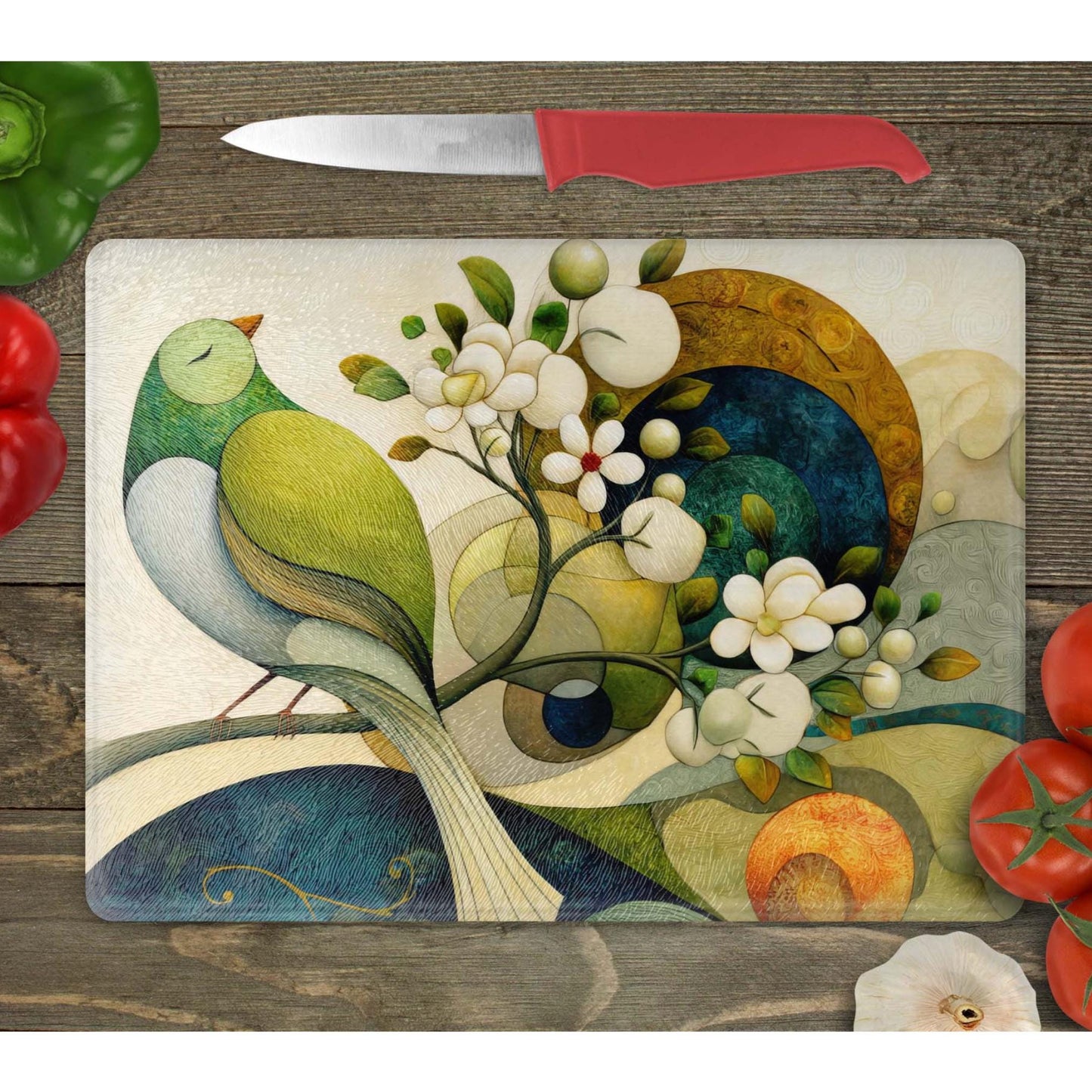 Whimsical Bird and Flowers Tempered Glass Cutting Board, Artistic Kitchen Essential for Meal Prep & Display, Ideal Gift for Home Chefs