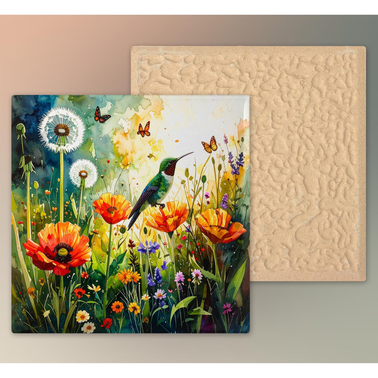 Wildflower and Hummingbird Ceramic Art Tile | Wall Decor | Spring Home Decor | Floral Art | Whimsical Flowers | Wall Tile | Gift for Mom