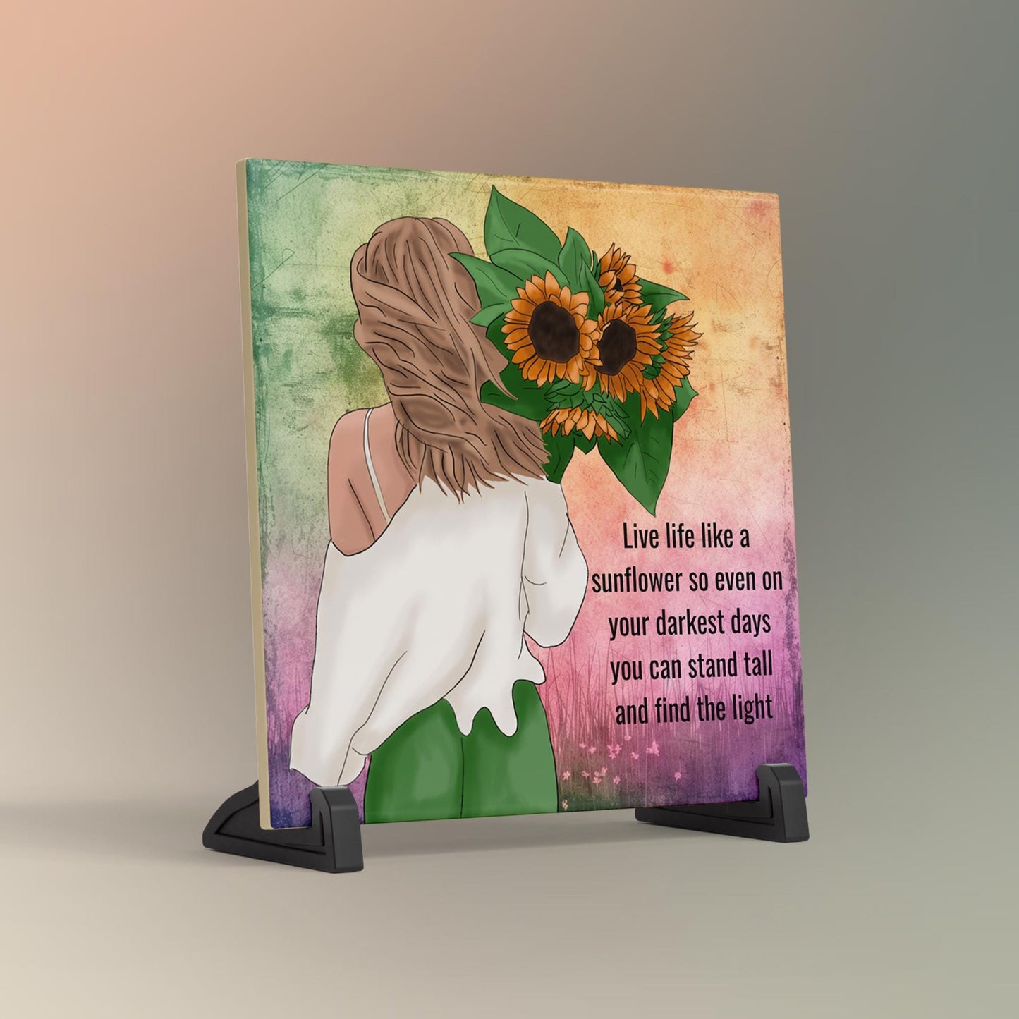 Boho Woman Art Sunflower Ceramic Tile - Quote Art - Boho Wall Art - Floral Print - Positive Vibes Woman - Live Like a Sunflower