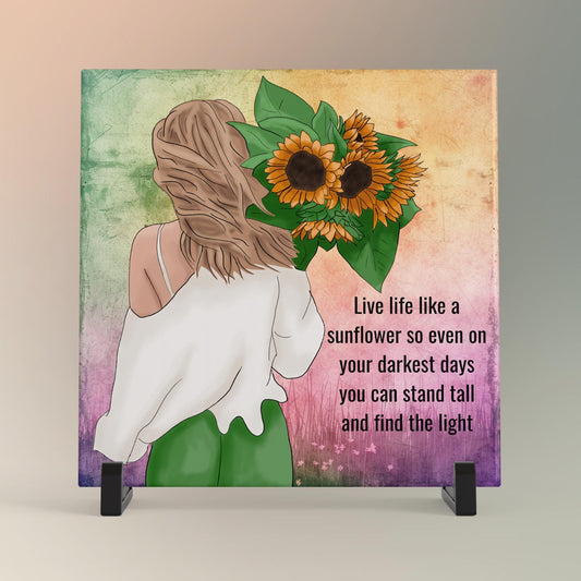 Boho Woman Art Sunflower Ceramic Tile - Quote Art - Boho Wall Art - Floral Print - Positive Vibes Woman - Live Like a Sunflower