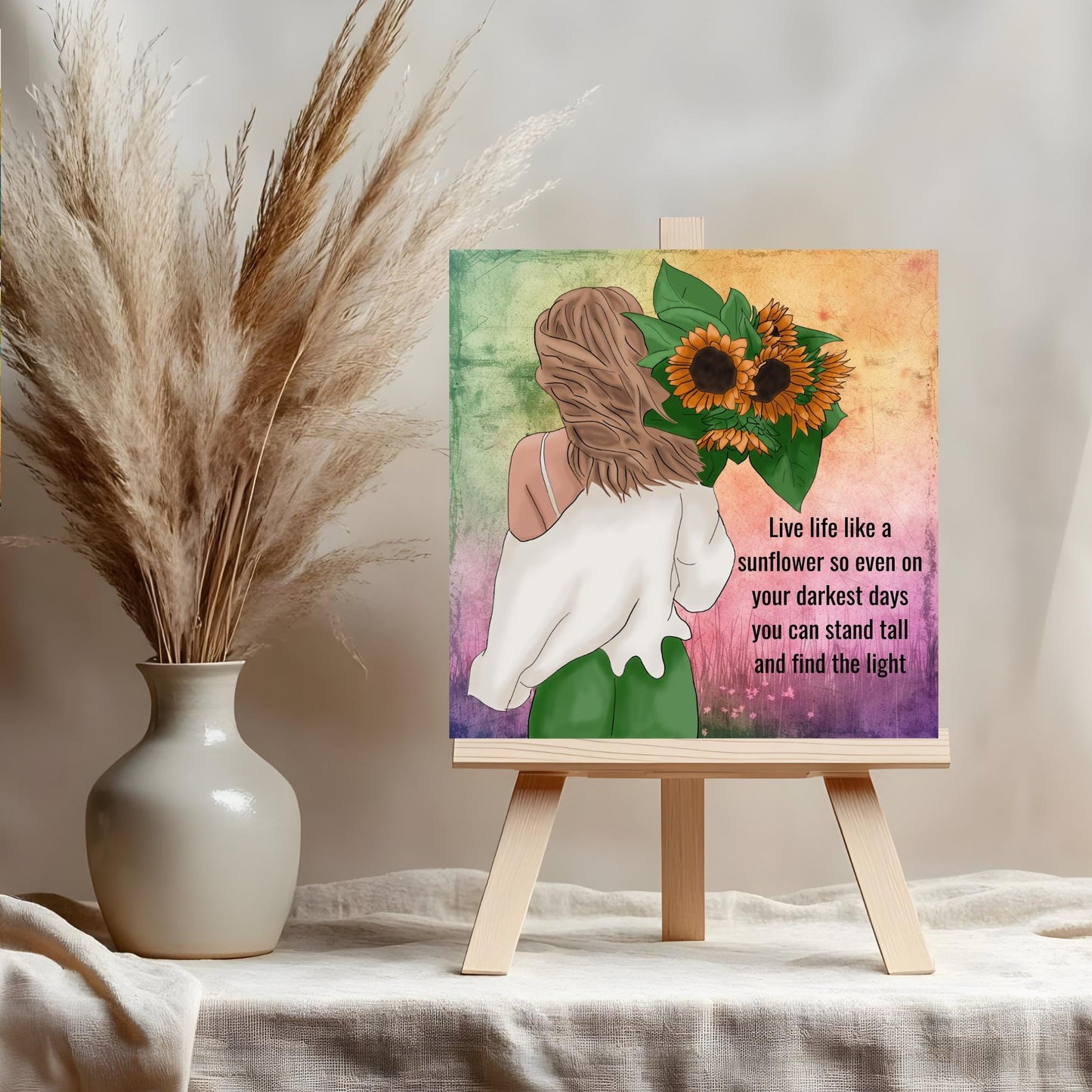 Boho Woman Art Sunflower Ceramic Tile - Quote Art - Boho Wall Art - Floral Print - Positive Vibes Woman - Live Like a Sunflower