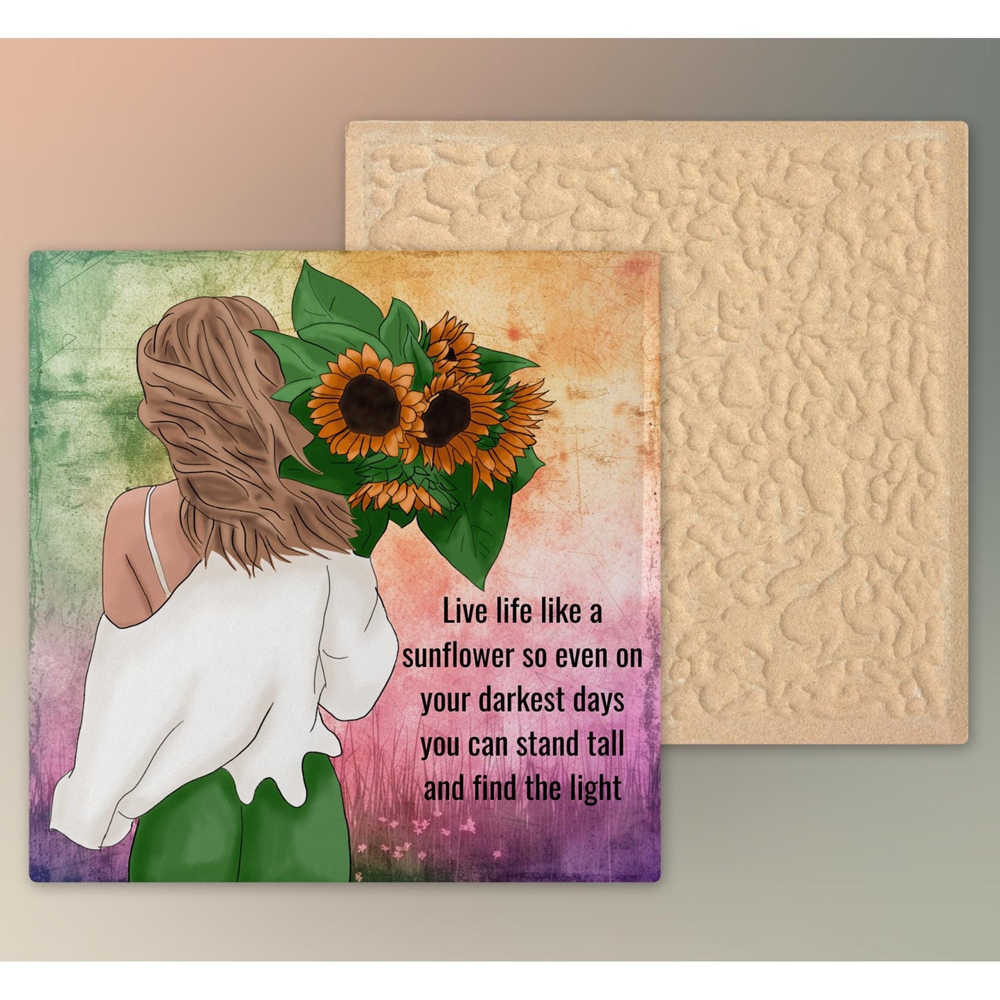 Boho Woman Art Sunflower Ceramic Tile - Quote Art - Boho Wall Art - Floral Print - Positive Vibes Woman - Live Like a Sunflower