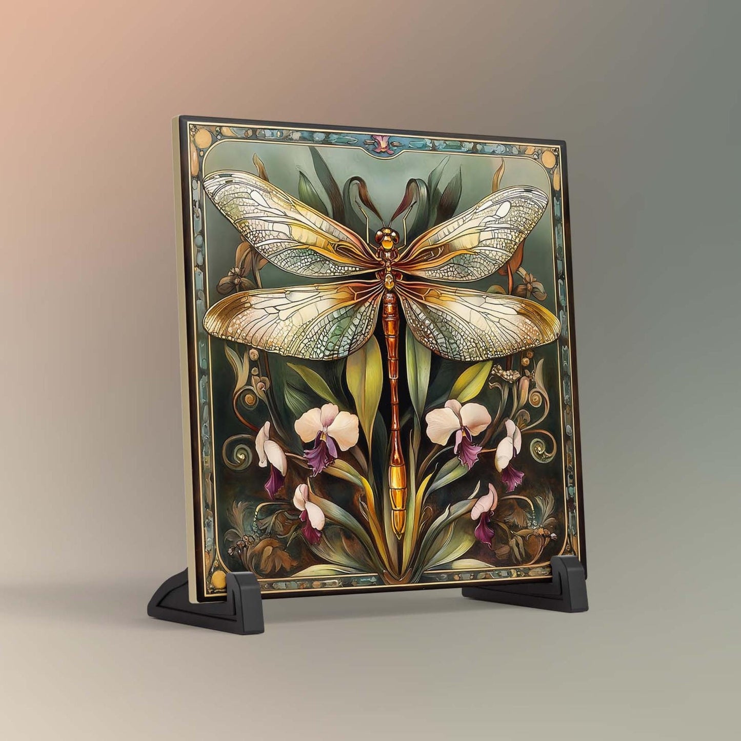 Dragonfly Art Tile -  Art Nouveau Ceramic Tile for Decorative Wall Use, Unique Home Decor Gift for Nature Lovers