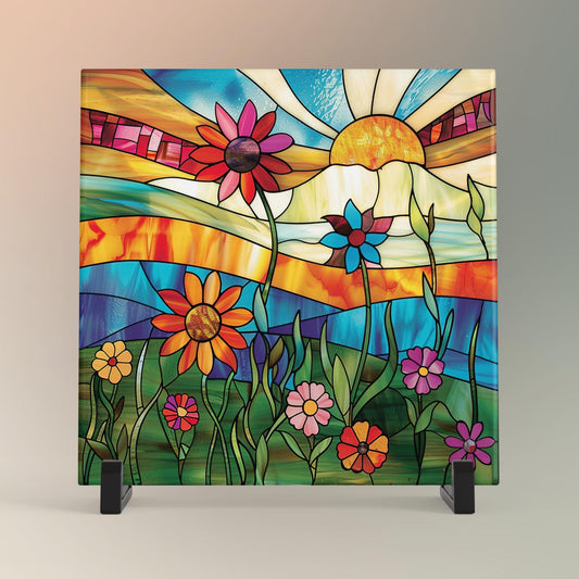 Sunrise Wildflower Ceramic Art Tile, Stained Glass Look Artwork, Beautiful Ceramic Tile for Artful Display and Perfect Gift Idea