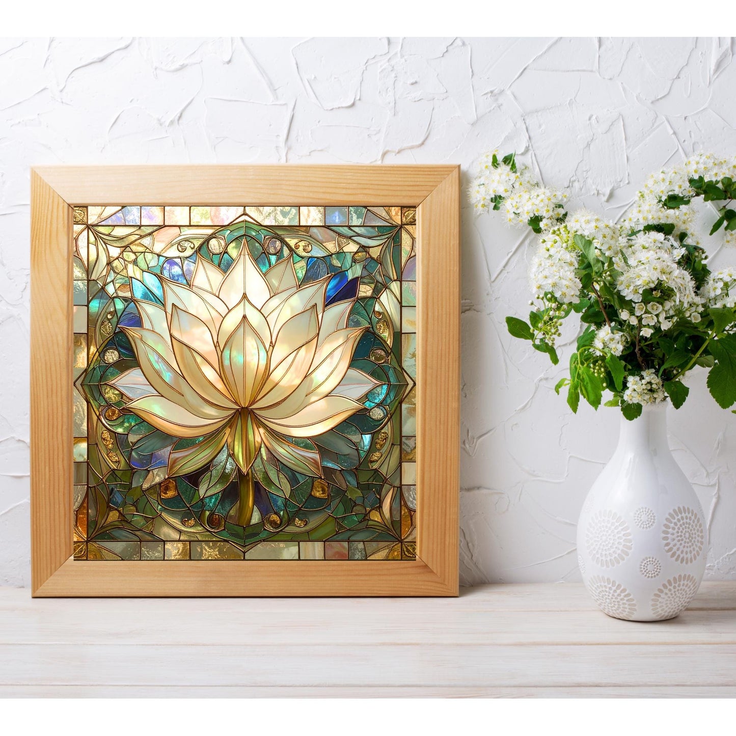 Lotus Flower Ceramic Tile Art - Stained Glass Look Elegant Flower Wall Decor for Yoga & Meditation, Spiritual Mindfulness Gift - Spa Gift