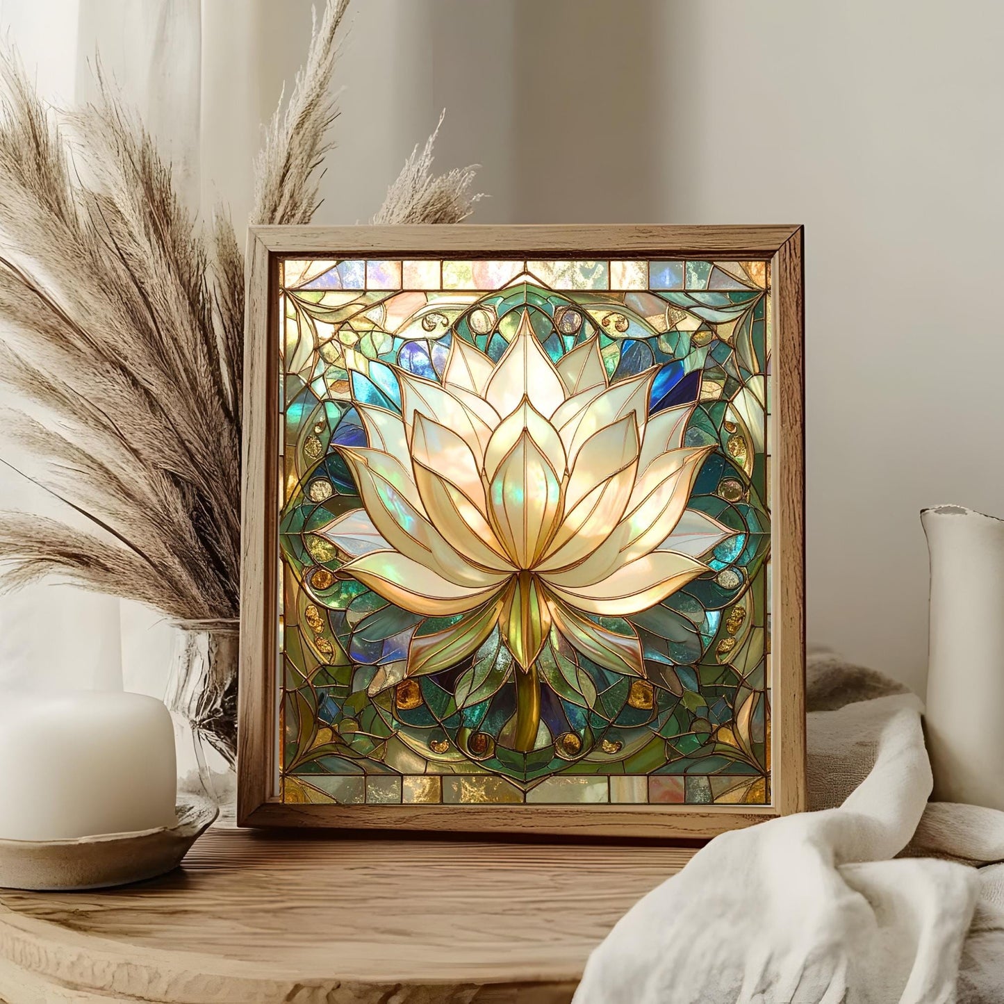 Lotus Flower Ceramic Tile Art - Stained Glass Look Elegant Flower Wall Decor for Yoga & Meditation, Spiritual Mindfulness Gift - Spa Gift