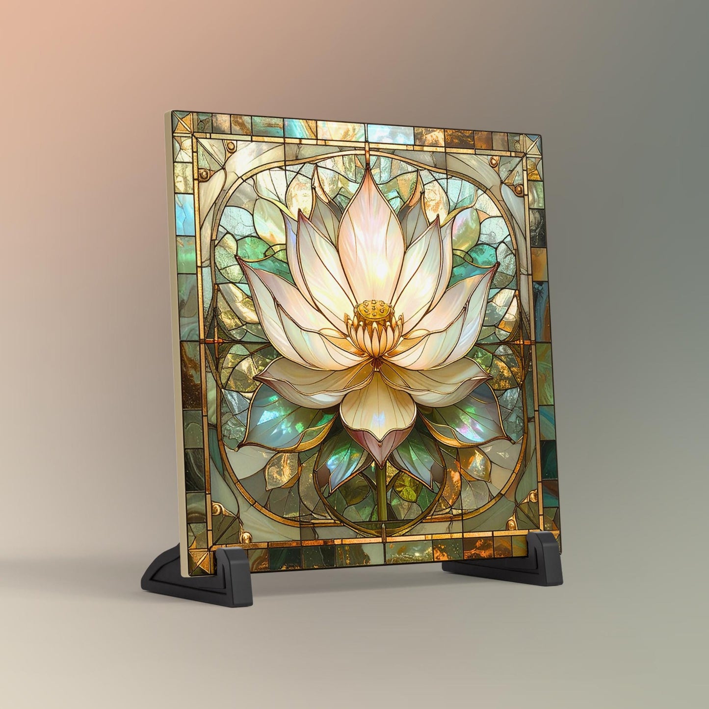 Lotus Flower Ceramic Tile Art - Stained Glass Look Elegant Flower Wall Decor for Yoga & Meditation, Spiritual Mindfulness Gift - Spa Gift