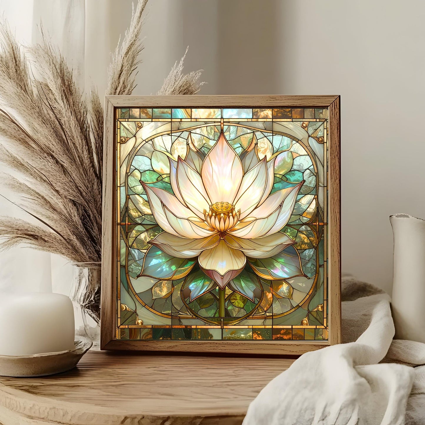 Lotus Flower Ceramic Tile Art - Stained Glass Look Elegant Flower Wall Decor for Yoga & Meditation, Spiritual Mindfulness Gift - Spa Gift