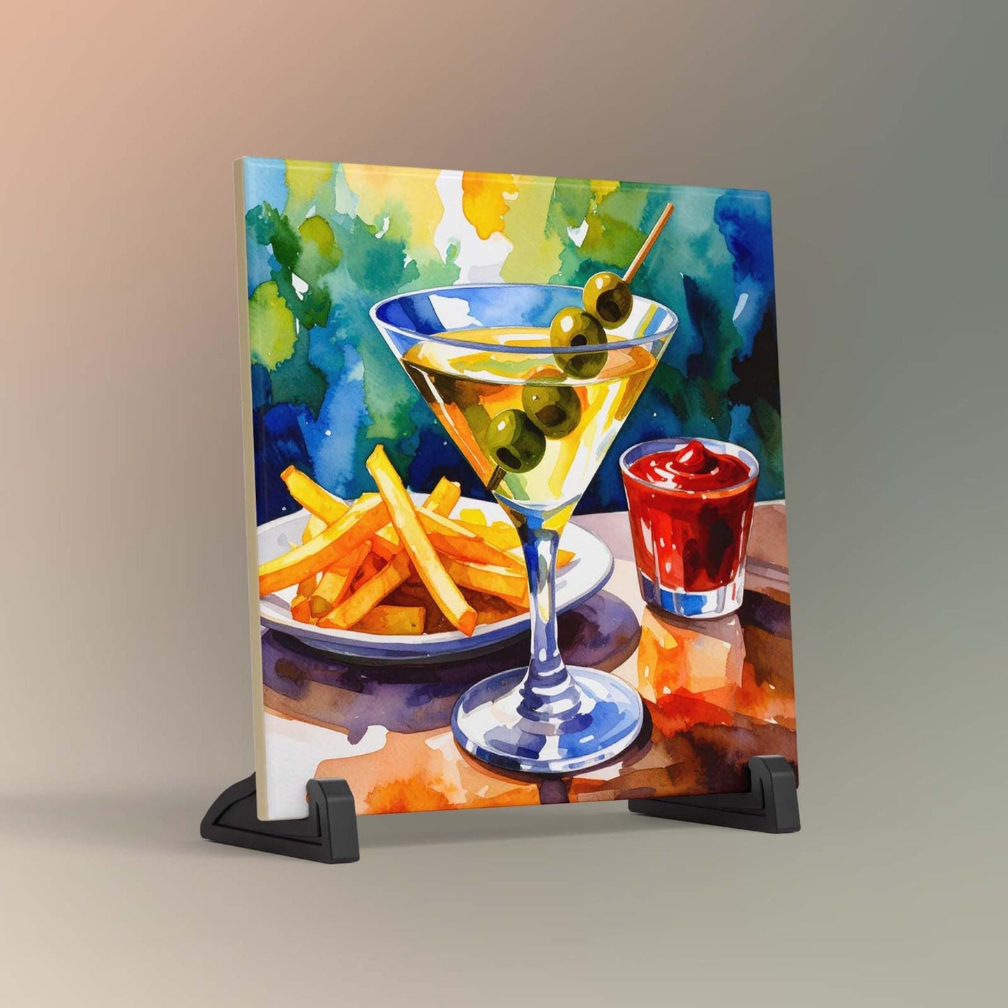 Martini and French Fries Ceramic Art Tile | Watercolor Art Print | Whimsical Quirky Art | Cocktail Art Bar Cart Decor | Trendy Kitchen Wall