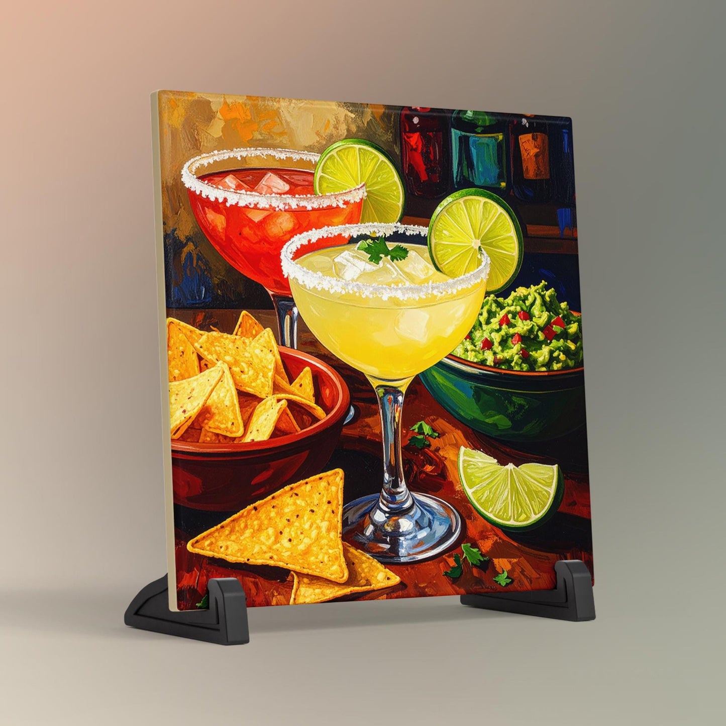 Margaritas with Guacamole and Chips Ceramic Art Tile | Watercolor Whimsical Quirky Art | Cocktail Art Bar Cart Decor | Trendy Kitchen Wall