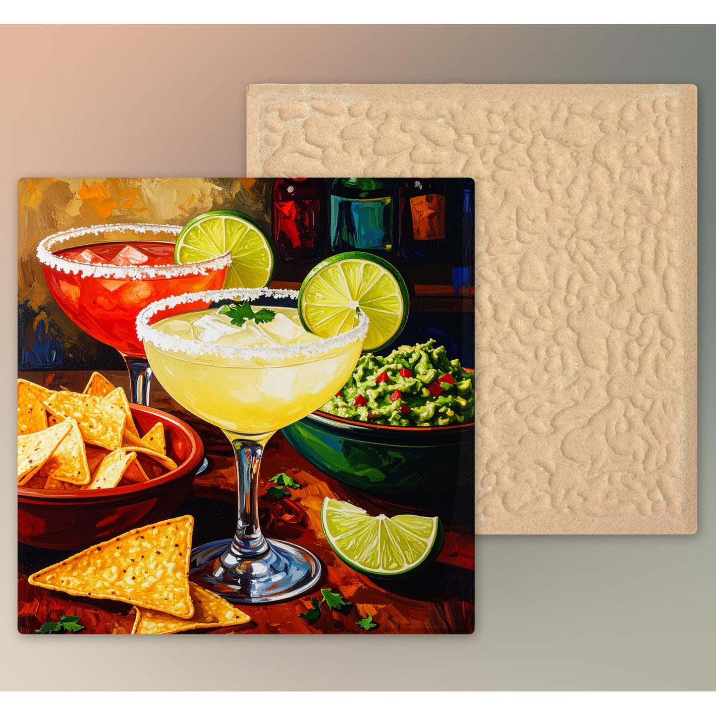 Margaritas with Guacamole and Chips Ceramic Art Tile | Watercolor Whimsical Quirky Art | Cocktail Art Bar Cart Decor | Trendy Kitchen Wall
