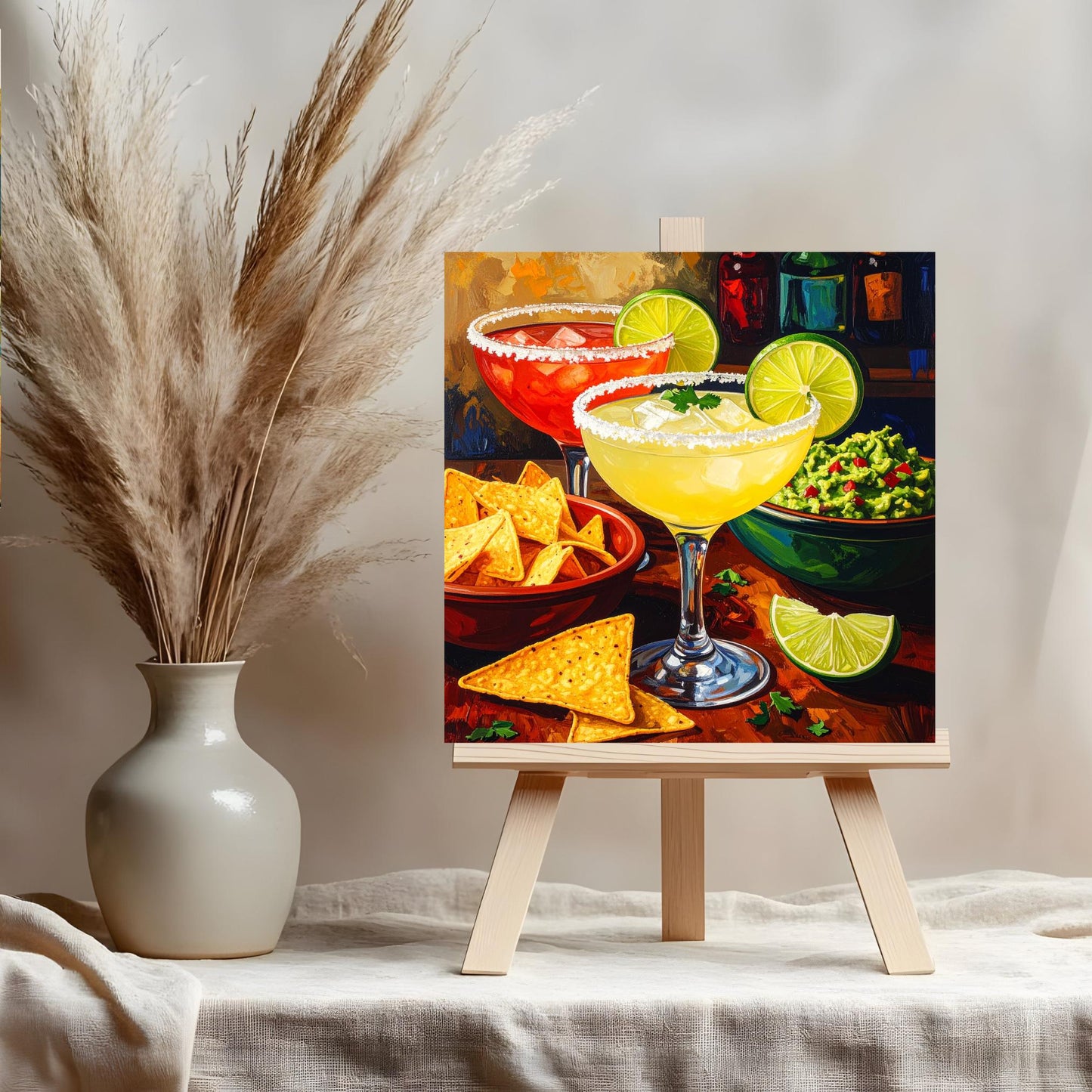 Margaritas with Guacamole and Chips Ceramic Art Tile | Watercolor Whimsical Quirky Art | Cocktail Art Bar Cart Decor | Trendy Kitchen Wall