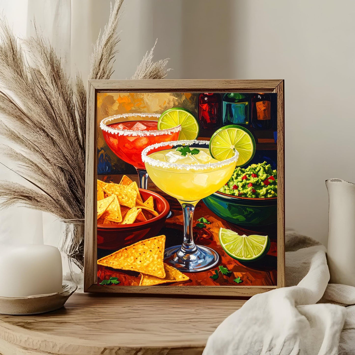 Margaritas with Guacamole and Chips Ceramic Art Tile | Watercolor Whimsical Quirky Art | Cocktail Art Bar Cart Decor | Trendy Kitchen Wall