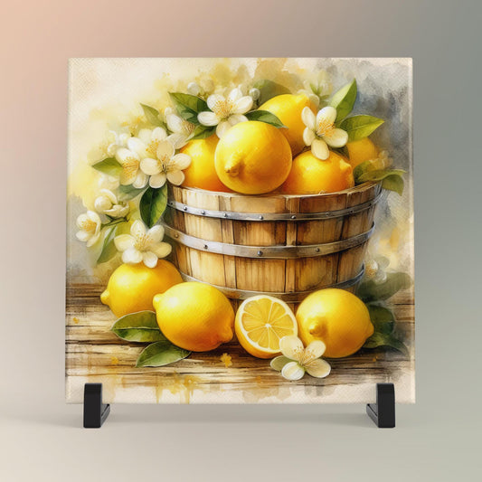 Lemons Ceramic Tile Art, Charming Watercolor Lemon Design Tile for Kitchen Decor, Perfect Gift for Foodies