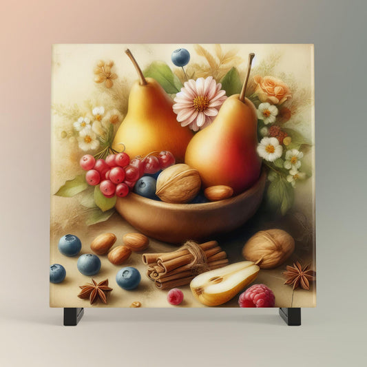 Fruit Ceramic Tile Art, Charming Watercolor Bowl of Fruit Artwork for Unique Kitchen Decor, Trivet Option