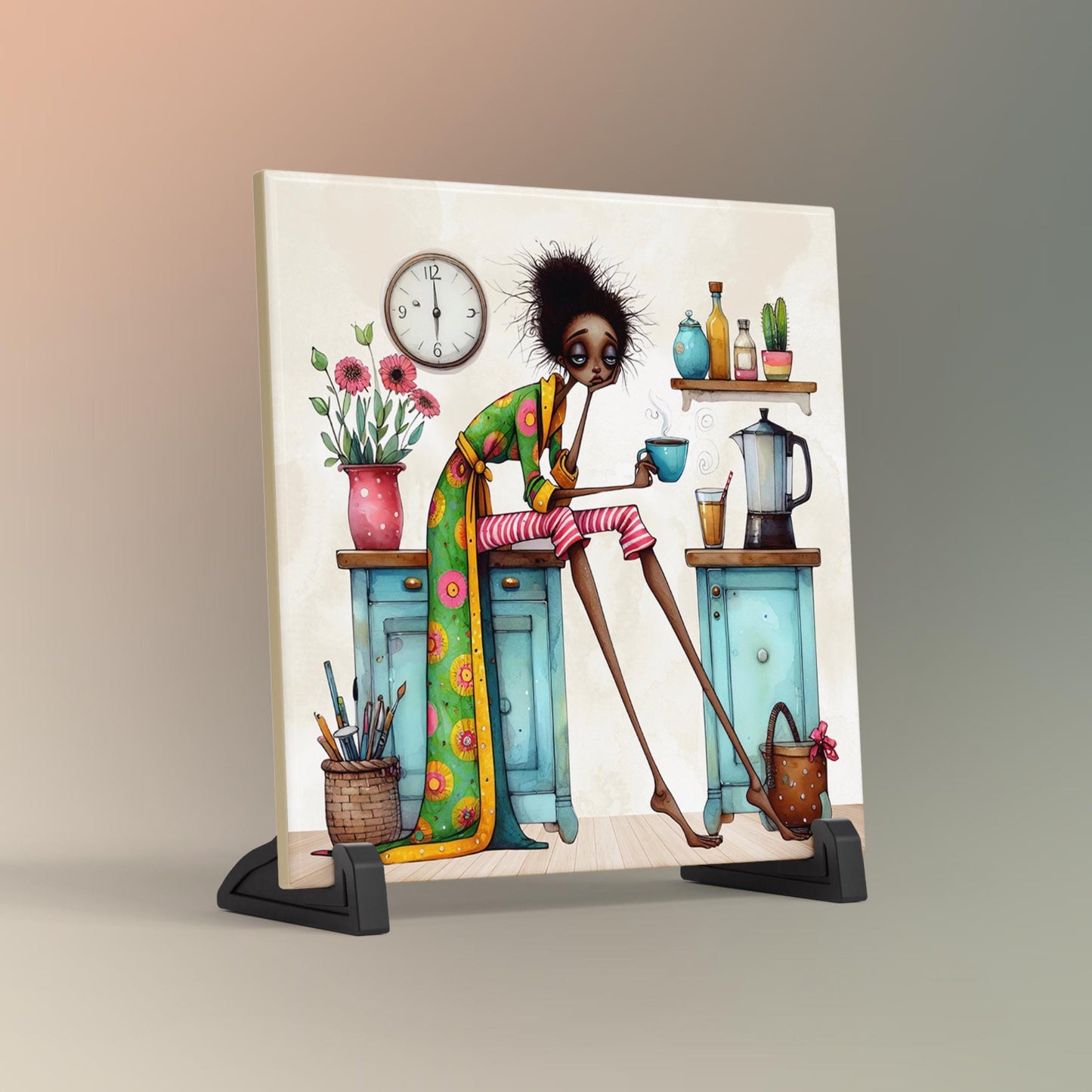 But First Coffee Black Woman Art Ceramic Tile, Trendy Wall Art Black Girl Art, Quirky African American Decor, Coffee Lovers Kitchen Decor