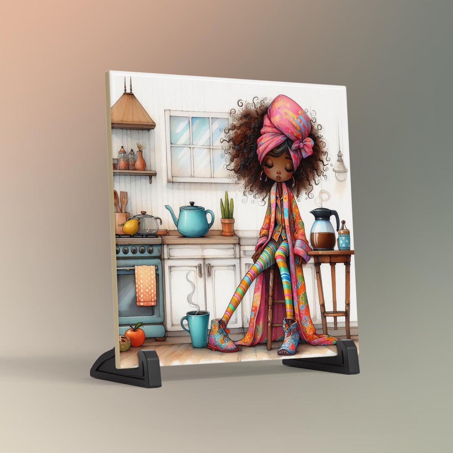 Quirky Lady Coffee Lovers Ceramic Tile Art, But First Coffee Black Woman Art, Trendy Wall Art Black Girl Art, African American Kitchen Decor
