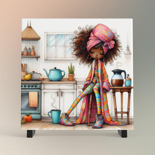 Quirky Lady Coffee Lovers Ceramic Tile Art, But First Coffee Black Woman Art, Trendy Wall Art Black Girl Art, African American Kitchen Decor