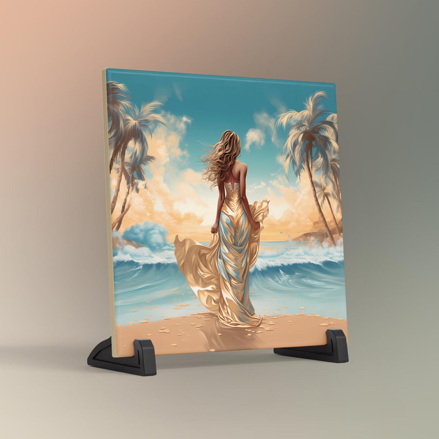 Sunny Beach Ceramic Art Tile, Seascape Ocean Views with Woman on the Beach, Ideal Decor for Coastal Aesthetic Gift